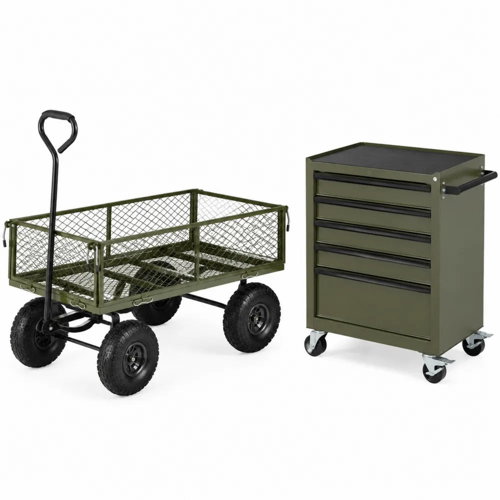 Grüner Metall-Werkzeugwagen mit Schubladen und Gitterwagen