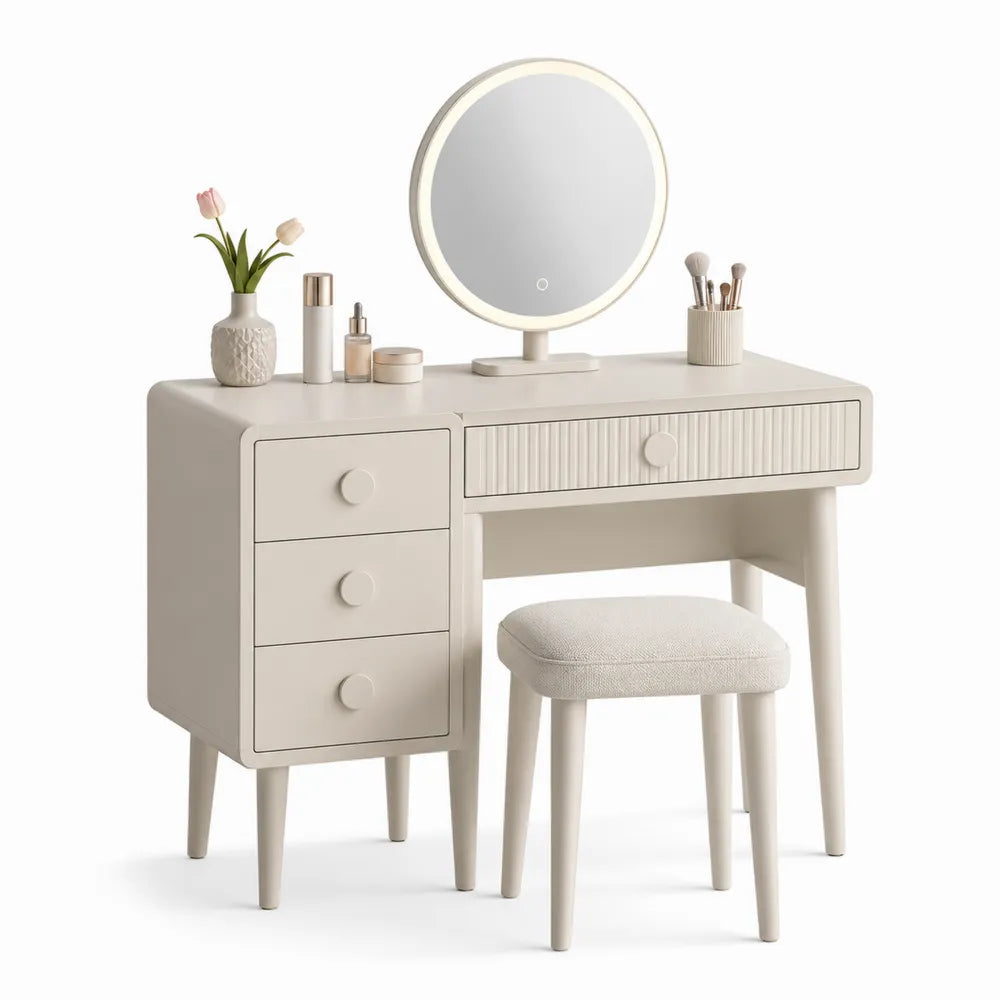 Schminktisch-Set Cremeweiß MDF Holz LED Spiegel Hocker