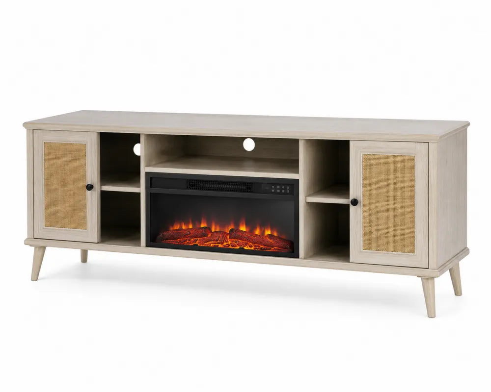 Beiger TV-Schrank mit elektrischem Kamin und Rattan