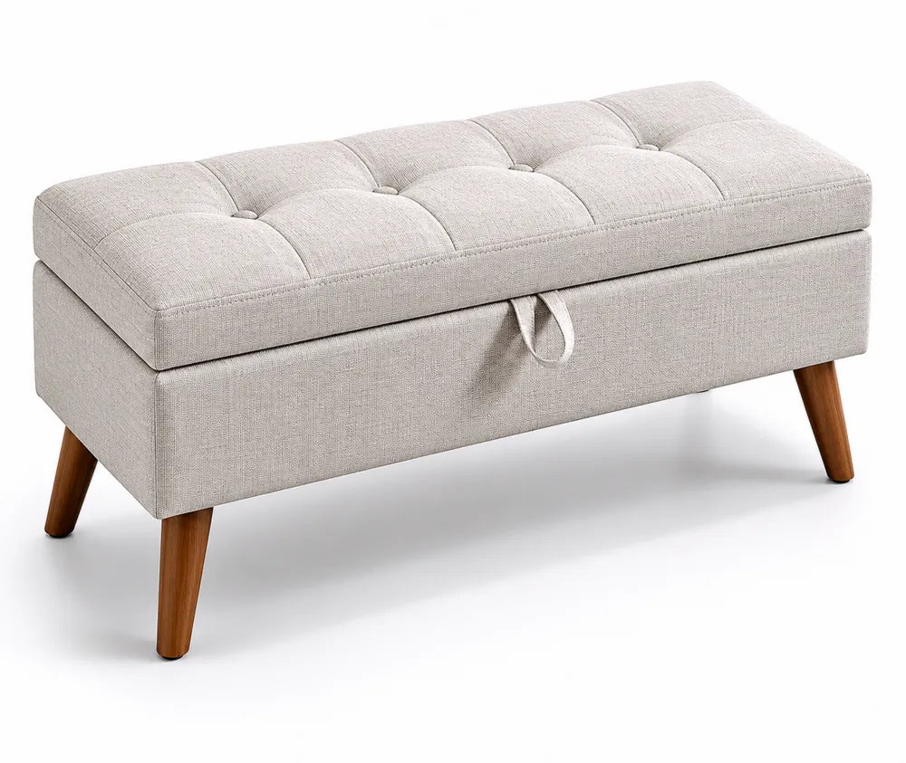 Stoffbank mit Stauraum und Holzbeinen Beige